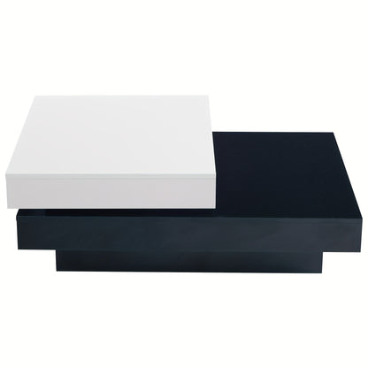 Modern Swivel Coffee Table with Black & White Patchwork Design - High-Gloss Finish, Double Center Table Made of Particle Board, Perfect for Apartment Living Rooms, Minimalist Furniture, Stylish Metal Accents, Easy Assembly