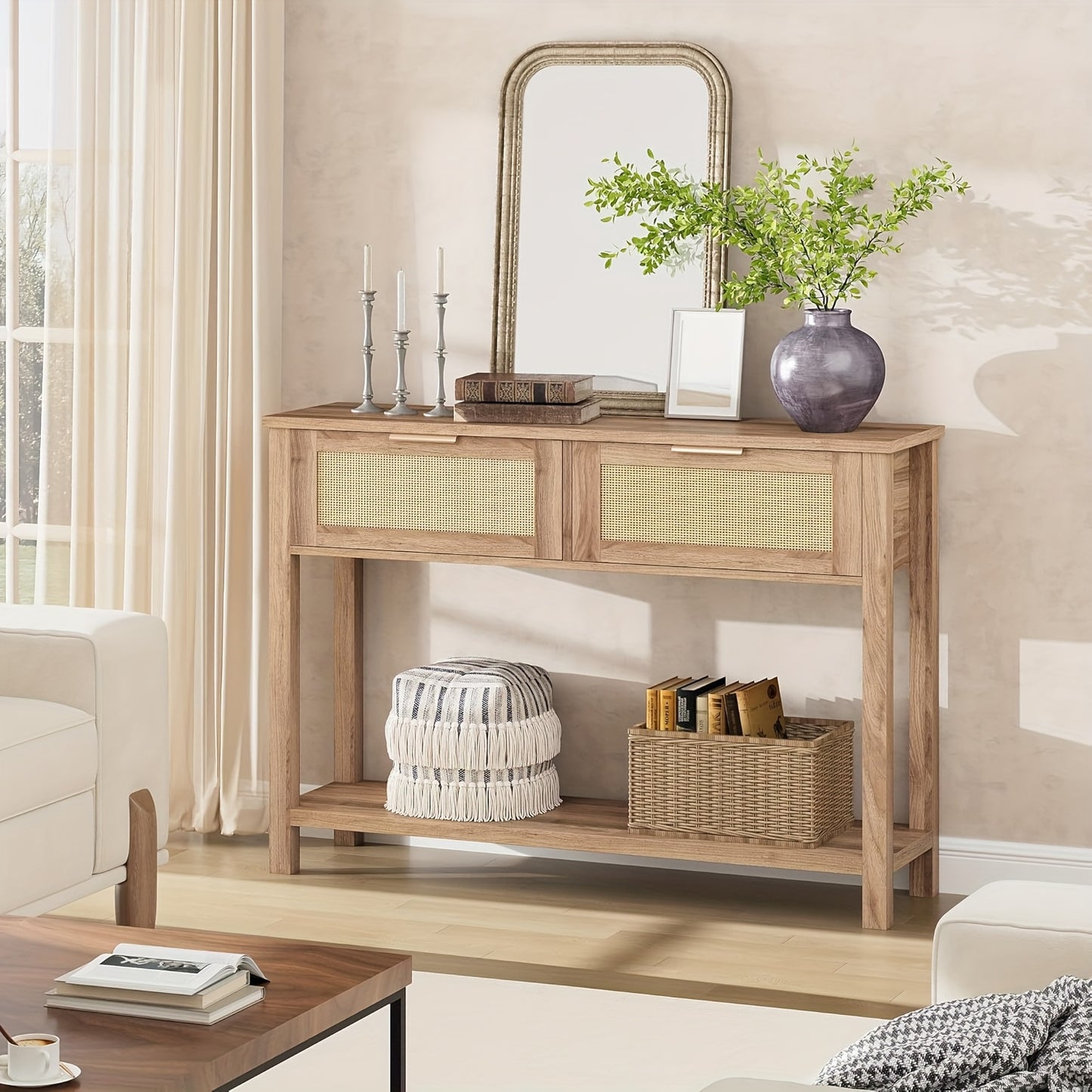 Haltafel – Sidetable – Dressoir – Opbergtafel – Console – 110x30x79 cm – Gerecycled Caramel Eikenhout – Boho Rattan Met 2 Lades
