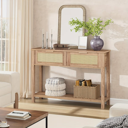 Haltafel – Sidetable – Dressoir – Opbergtafel – Console – 110x30x79 cm – Gerecycled Caramel Eikenhout – Boho Rattan Met 2 Lades