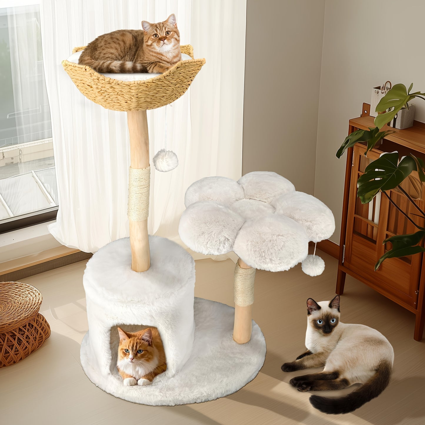 Cat Tree Tower, Multi-level Plush Cat Apartment, Equipped with 2 Cat Scratching Posts, 2 Perches, Hammock, Cave, Stable And Tilt-proof Cat House for Sleeping/playing, Easy to Assemble, A Perfect Christmas Tree for Indoor Kitt