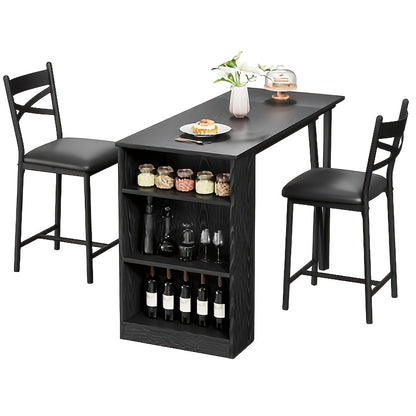 3-delige Eettafelset – Keukentafelset – Barset – Eettafel met Opbergruimte – Zwarte Stoelen – Compact en Ruimtebesparend – Hardhout en Metaal