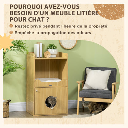 Kattenbakmeubel – Kattenhuisje – Kattenverblijf – Kattenmeubel – Kattenkast – 3 Niveaus Met Deur – Inclusief Zachte Kussen – Afm. 60x45x103 cm – Eiken Look