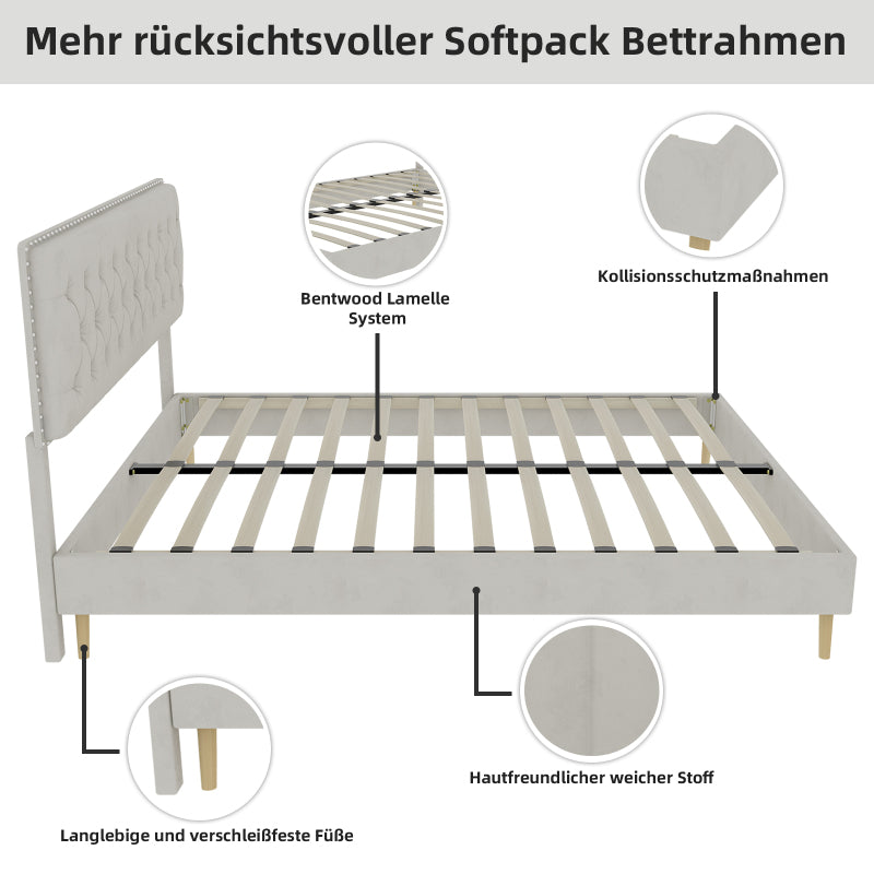 Bedombouw – Bedframe – Bedkast – Slaapkamerbed – Boxspring – Beige Stoffen Hoofdeinde – Laag Ontwerp – Duurzame Constructie – Ruimtebesparend – 140x200 cm