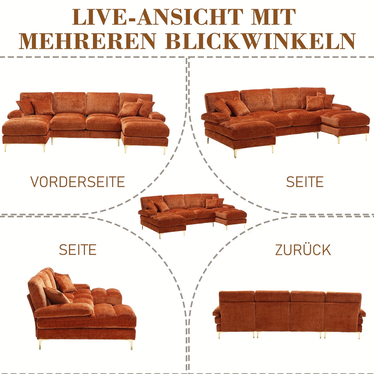 Hoekbank – Hoekbanken – U-bank – 4-zitsbank – Zitbank – Oranje Chenille – Dubbele Relaxzetels – Ruim U-vormig Design