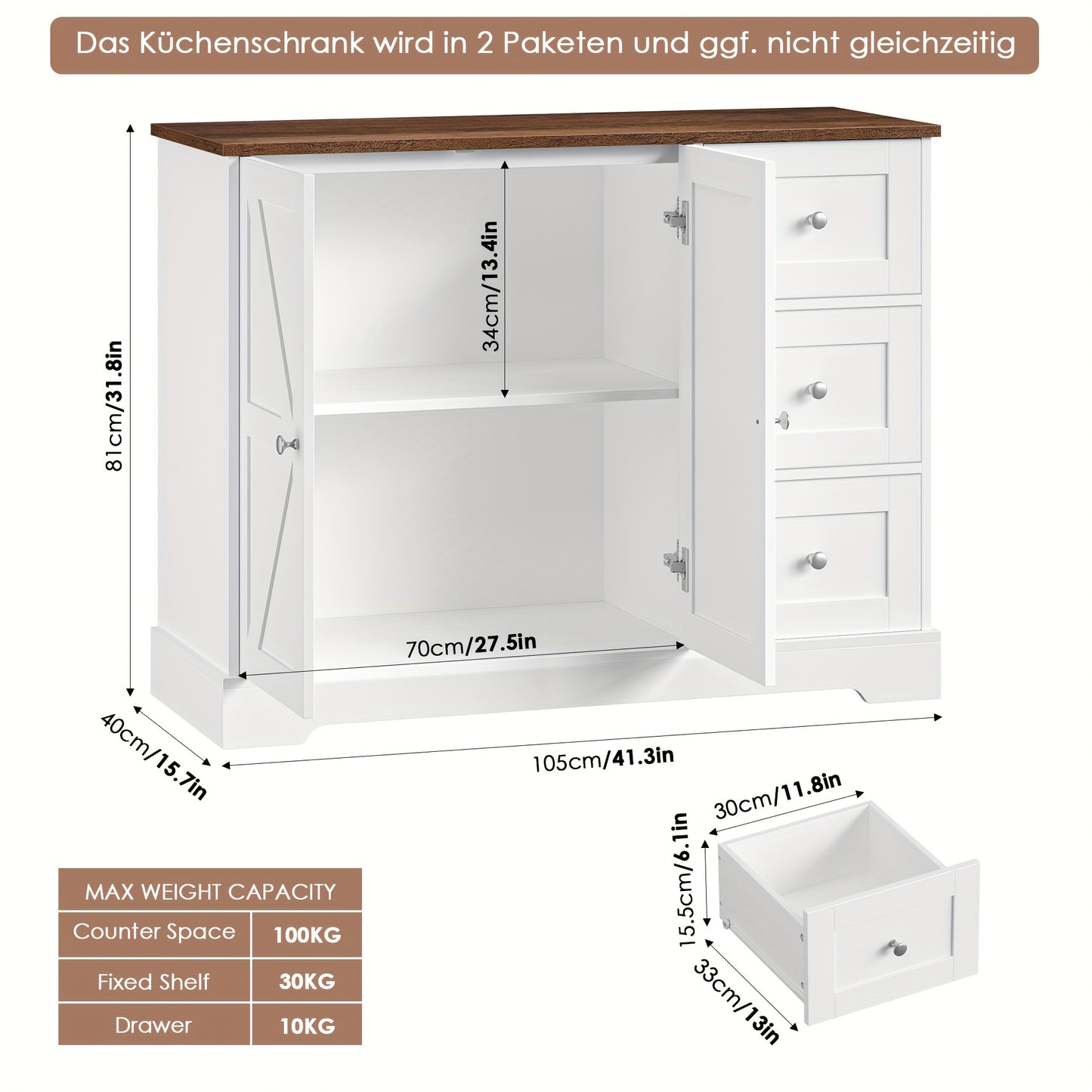Kealive Modern White & Brown Storage Cabinet with Countertop - Freestanding Kitchen Buffet Sideboard with 3 Drawers & Doors, Heavy-Duty Particleboard Construction, 68.58cm+ Height, 3.2 Cu Ft Capacity, Easy Assembly for Kitche