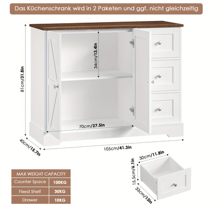 Kealive Modern White & Brown Storage Cabinet with Countertop - Freestanding Kitchen Buffet Sideboard with 3 Drawers & Doors, Heavy-Duty Particleboard Construction, 68.58cm+ Height, 3.2 Cu Ft Capacity, Easy Assembly for Kitche