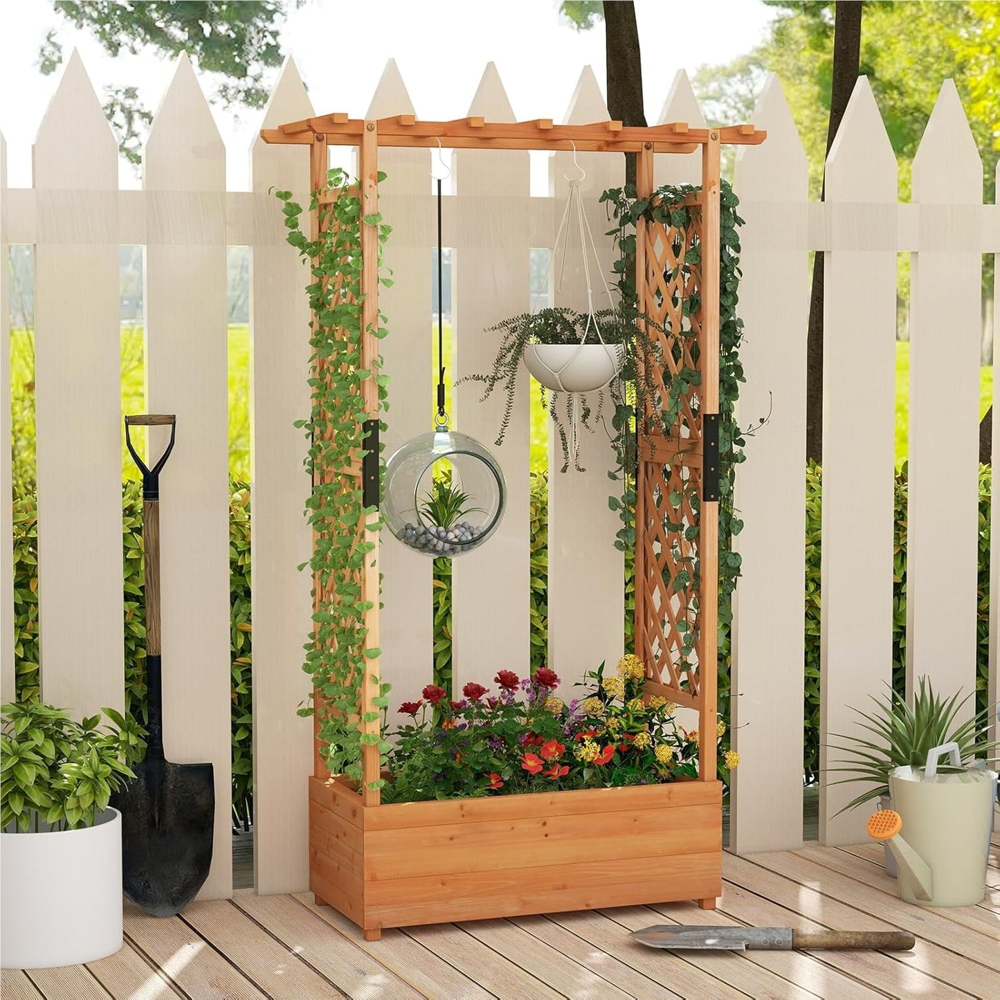 Houten Plantenbak – Verhoogde Tuinbak – Bloembak – Kruidenbak – Klimplantenbak – Met Klimhulp en Hangdak – Stevig Dennenhout – Waterafstotend Oranje 110x44x182 cm