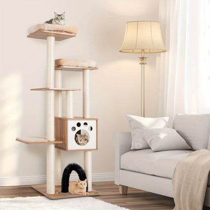 Krabpaal – Kattenboom – Kattenhuis – Krabmeubel – Kattentoren – 176 cm Hoog – Stevig Hout Met Zachte Kussens En Kattenhol