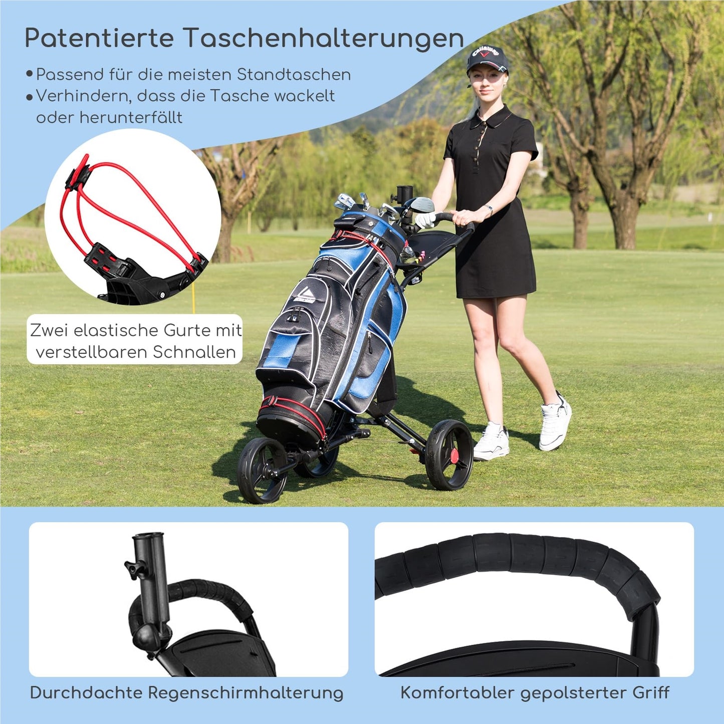 Golftrolley – Golfkar – Golfwagen – Golfcaddy – 3-Wiel Trolley – Aluminium – Inklapbaar met Parapluhouder & T-Stukhouder – Zwart