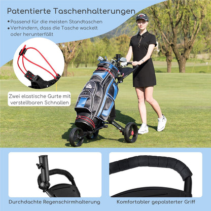 Golftrolley – Golfkar – Golfwagen – Golfcaddy – 3-Wiel Trolley – Aluminium – Inklapbaar met Parapluhouder & T-Stukhouder – Zwart