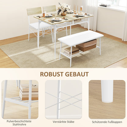 Eettafelset 4 Personen – Eettafel Met Stoelen – Eettafelbank – Dinerset – Eetkamerset – Eikenhout – Stalen Frame – Gewatteerde Zitplaatsen