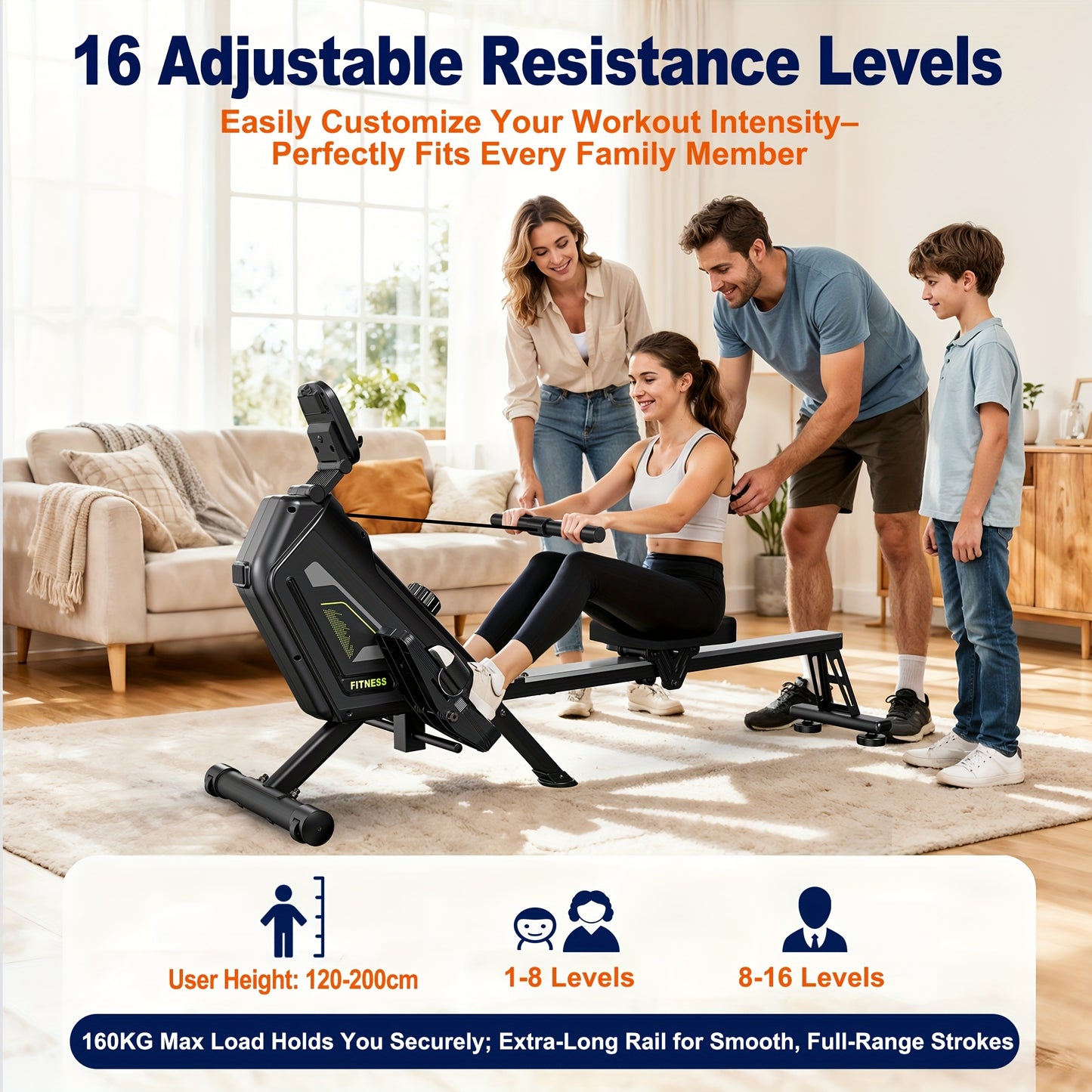 Roeitrainer – Roeimachine – Roeiapparaat – Fitnessapparaat – Inklapbaar – 16 Weerstandsniveaus – Magnetisch Weerstandssysteem – Max. 160 kg Belastbaar