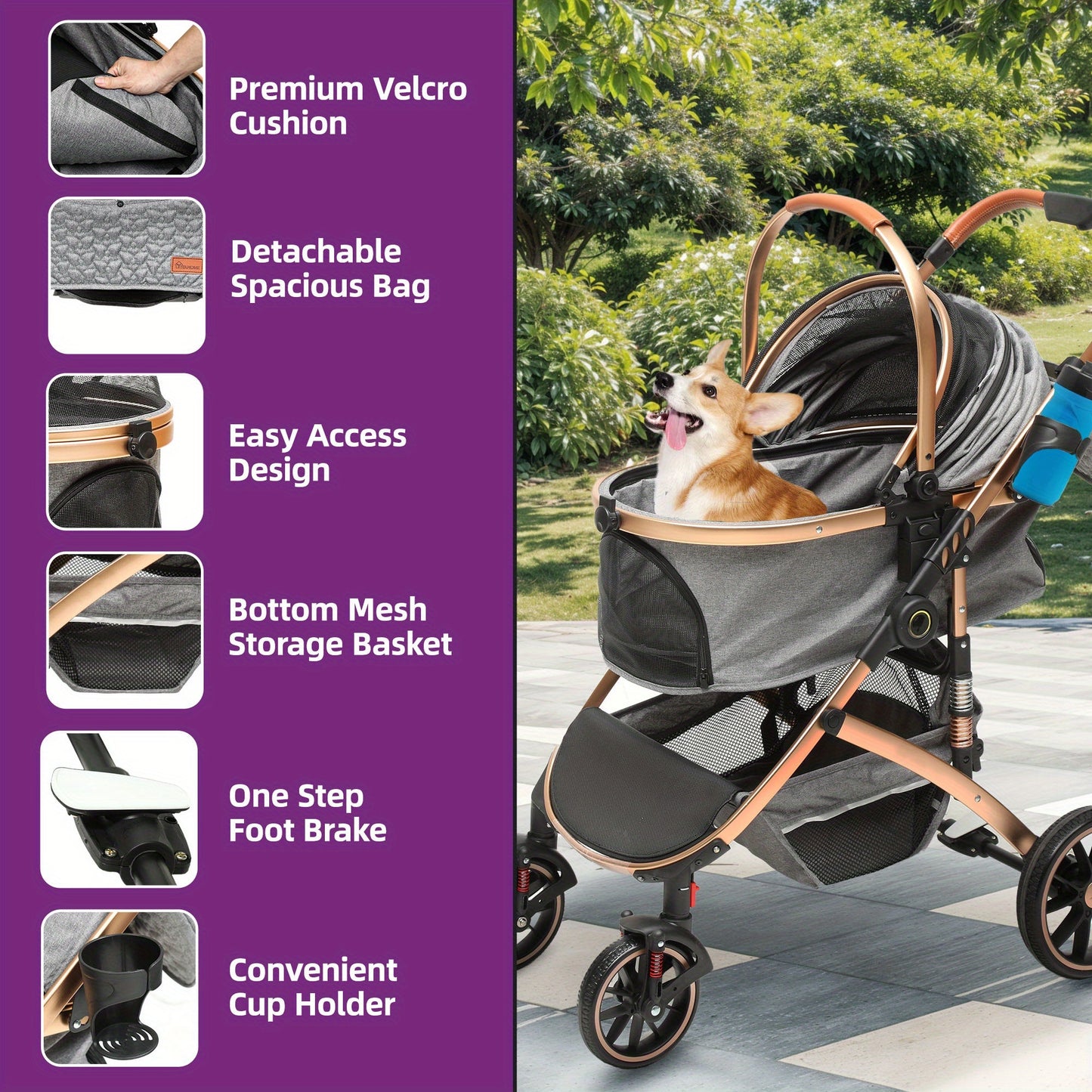 Hondenwagen – Wandelwagen – Autostoeltje – Draagmand – Hondenbuggy – Grijs – Stevig Stalen Frame – Inklapbaar & Met Afneembare Opbergtas