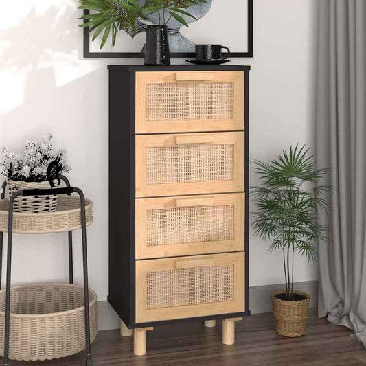 Contemporary Sideboard with 4 Drawers & 2 Shelves - 90cm Tall, 40x30cm, Hardwood & Rattan Design, Black & Natural Wood Finish, Removable Top Drawer, Floor-Standing Storage Cabinet for Living Room or Bedroom, Bedroom Storage, Minimalist Decor, Elegant Furn