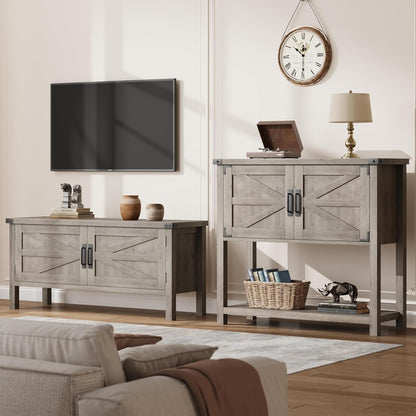 Sidetable – Haltafel – Consoletafel – Wandtafel – Bijzettafel – Grijs – Met 2 Deuren En 2 Laden – Stevig Metalen Frame & Krasbestendig Oppervlak