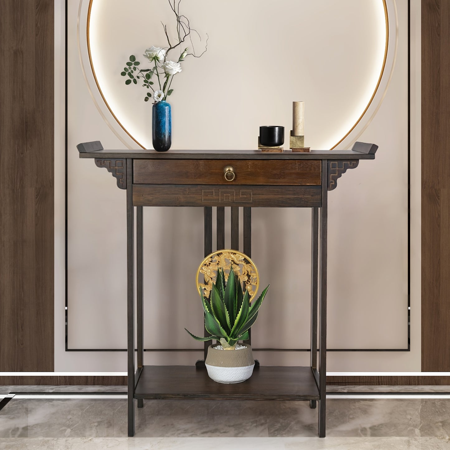 Retro Farmhouse Sidetable – Houten Dressoir – Halmeubel – Sofa Tafel – Nachtkastje – Donkerbruin – Massief Hout – Lade en Plank – 119,89x39,88x76,96 cm – Gouden Knoppen – Eenvoudige Montage
