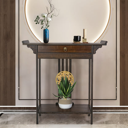 Retro Farmhouse Sidetable – Houten Dressoir – Halmeubel – Sofa Tafel – Nachtkastje – Donkerbruin – Massief Hout – Lade en Plank – 119,89x39,88x76,96 cm – Gouden Knoppen – Eenvoudige Montage
