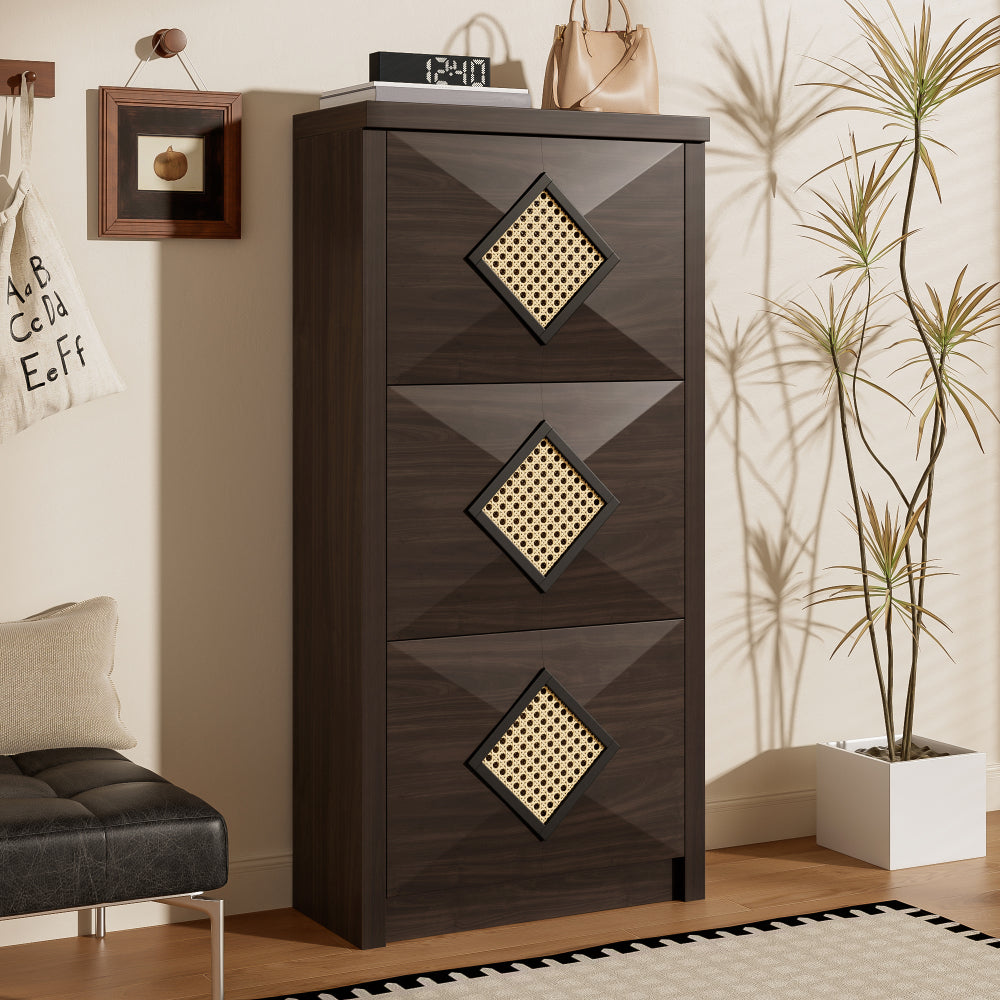 Modern Country Space-Saving Vintage Shoe Cabinet with Rattan Trim & 3-Tier Pull-Down Shelves - Dark Brown Wood Grain Vertical Entryway Furniture Suitable for Hallway, Small Spaces, Apartments - Easy Access Shoe Rack