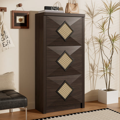 Modern Country Space-Saving Vintage Shoe Cabinet with Rattan Trim & 3-Tier Pull-Down Shelves - Dark Brown Wood Grain Vertical Entryway Furniture Suitable for Hallway, Small Spaces, Apartments - Easy Access Shoe Rack