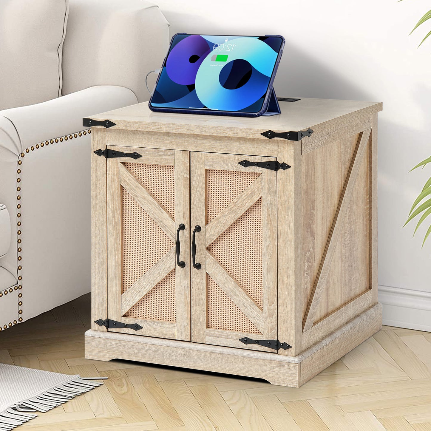 Rotan Salontafel – Rattan Tafel – Koffietafel – Bijzettafel – Houten Tafel – Rechthoekig – Met Ingebouwde Stopcontacten en USB-poorten – 61 cm Breed