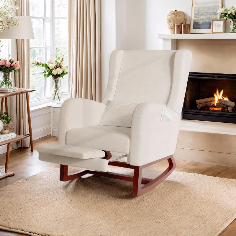 Schommelstoel – Relaxstoel – Wiegstoel – Schommelzetel – Lounge Stoel – Beige – Ergonomische Lendensteun – Geïntegreerde Voetensteun