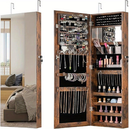 Sieradenkast 110cm – Juwelenkast – Sieradenorganizer – Spiegelkast – Juwelenarsenaal – Wandmontage – Volledige Spiegel – Verstelbare Hangers – Bruin