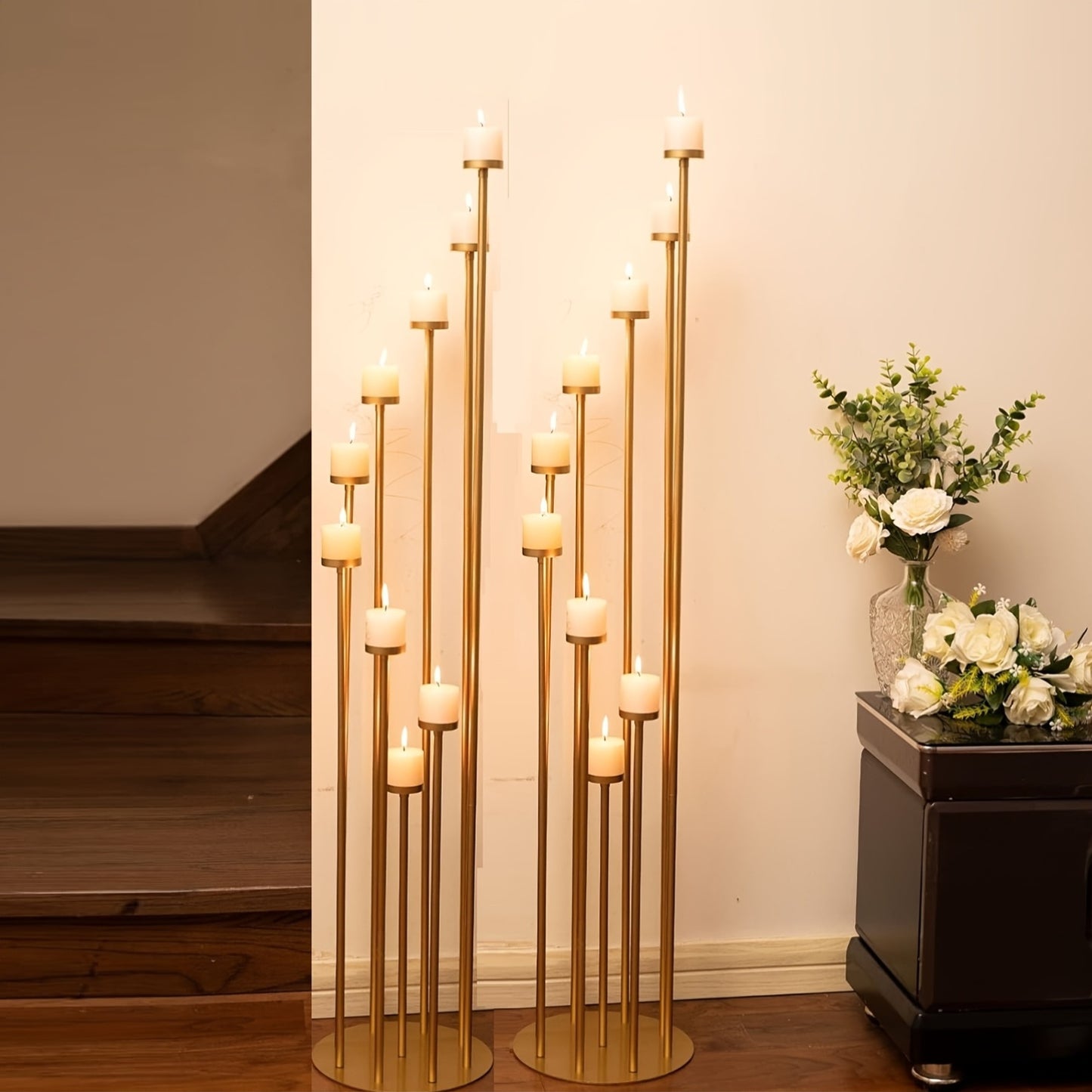 Gouden Kandelaar – Kaarshouder – Candelabra – Waxinehouder – 9-armige Kandelaar – Set van 2 – Metaal – Antiroest Met Fluwelen Bodem