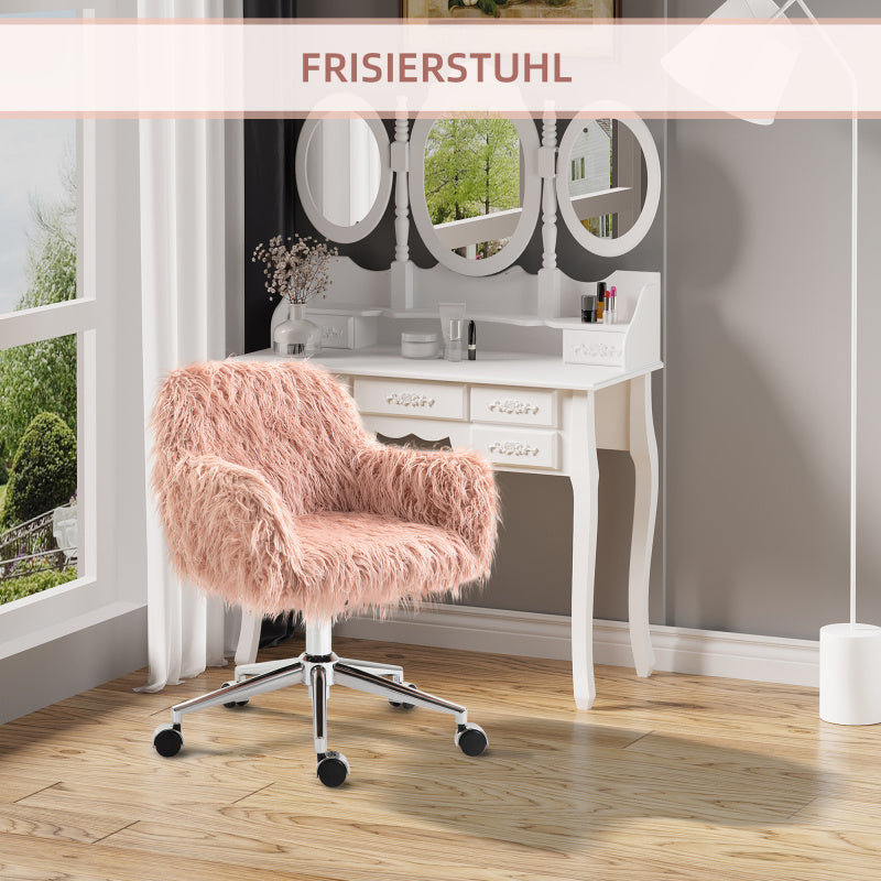 Bureaustoel – Bureaustoel met Armleuningen – Werkstoel – Kantoormeubilair – Roze Kunstvacht – Verstelbare Hoogte – Roestvrijstalen Frame – Zachte Pluche Bekleding