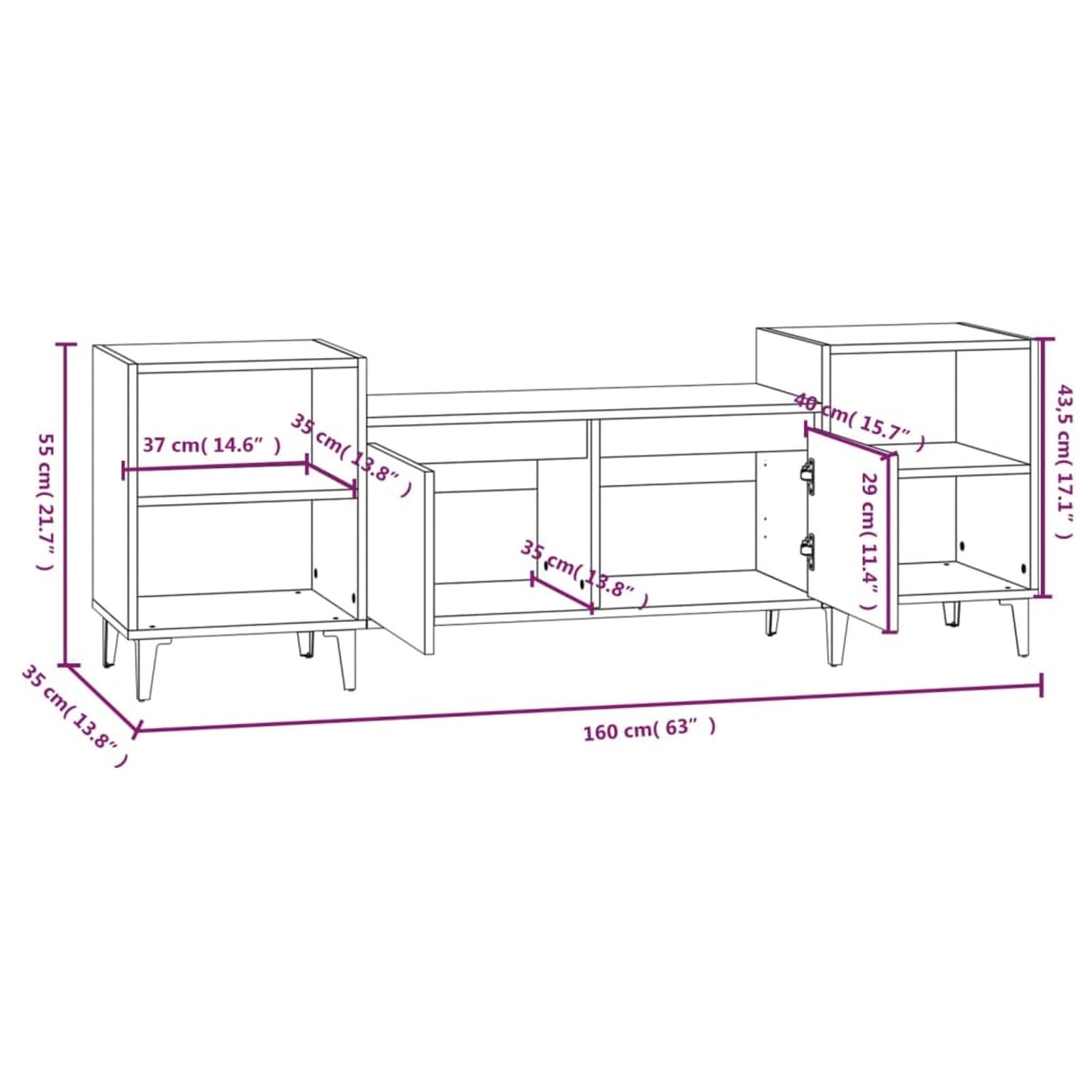TV Cabinet White 160x35x55cm Engineered Wood TV Stand Entertainment Center with Storage, Media Television Table for Living Room Bedroom