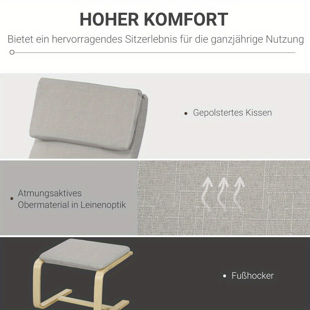 Lounge Stoelen Set – Relaxstoelen – Tuinstoelen – Fauteuils – Zithoek Stoelen – Linnen Bekleding – Lichtgrijs – Inclusief Voetenbank – Ergonomisch Met Arm- en Hoofdsteun – Compact 66,5x80x99 cm
