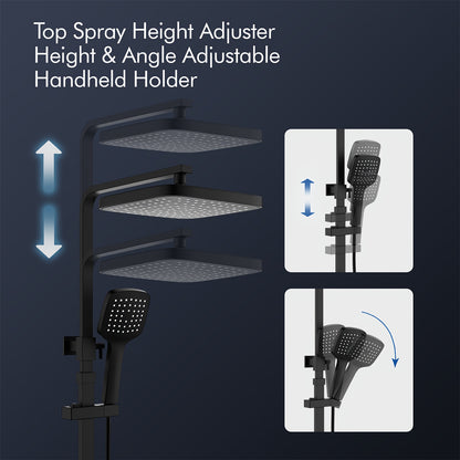 Douche Systeem – Douche Set – Thermostaatkraan – Regendouche – Handdouche – Zwart Design – 38°C Veiligheidsslot – Verstelbare Hoogte