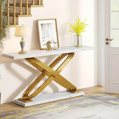 Sidetable – Consoletafel – Wandtafel – Haltafel – Bijzettafel – Smal Design – Houten Blad Met Witte Marmerlook – Goud Metalen Frame – 139,7 cm Lang