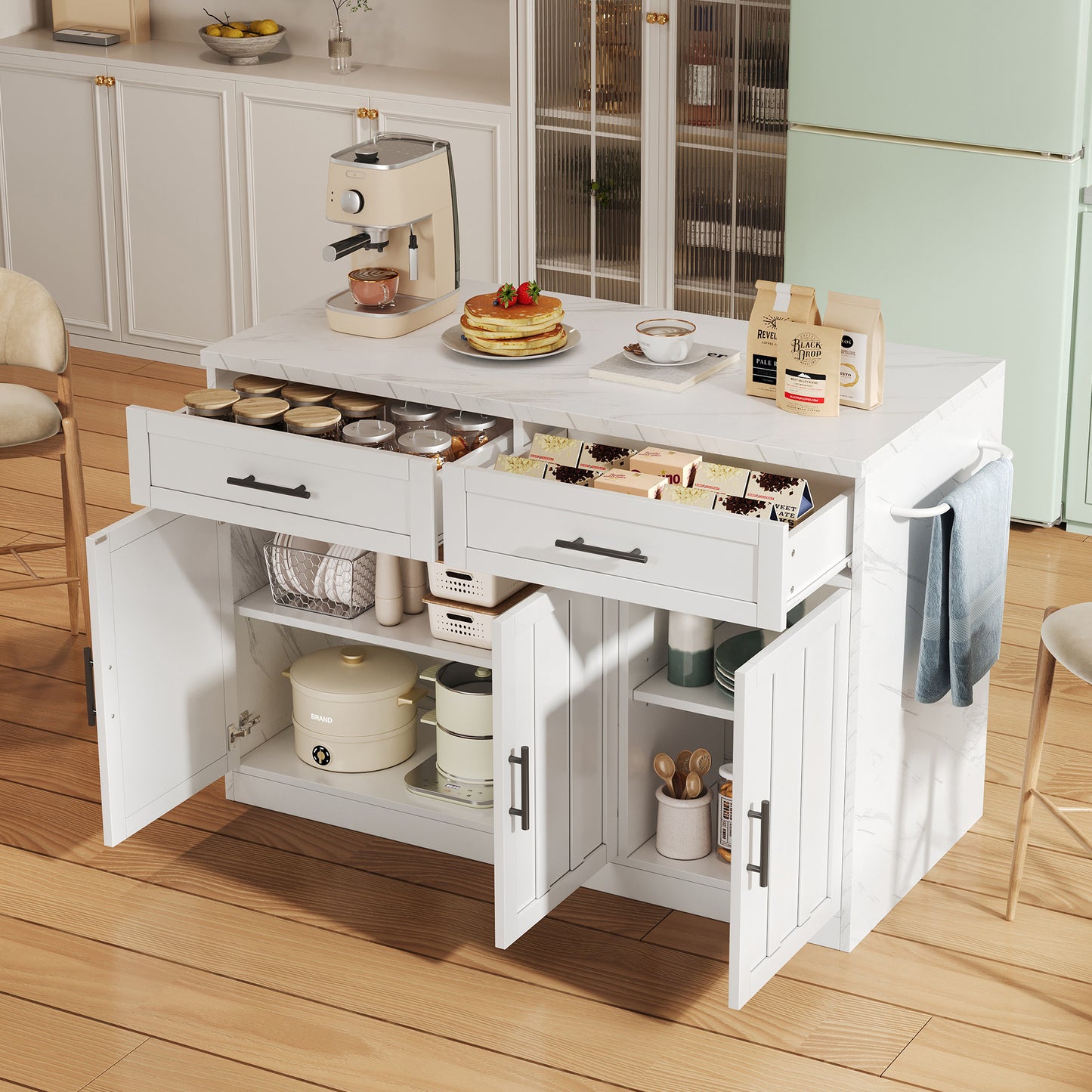 Keukenunit – Keukeneiland – Keukenkast – Werkbank – Ontbijtbar – Compact Model Wit – Marmerlook Werkblad – Veel Opbergruimte