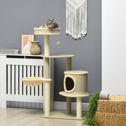 Krabpaal – Kattenkrabmeubel – Kattenboom – Krabton – Kattenhuis – Met Kattenholte en Hangmat – 124 cm Hoog – Natuurlijk Sisaltouw & Pluche Ligplaatsen