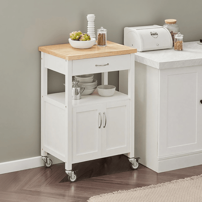 Keukentrolley – Keukenwagen – Serveerwagen – Opbergtrolley – Mobiele Keukenkast – Compact 60x92x45 cm – Rubberwood Werkblad – 4 Wielen met Rem