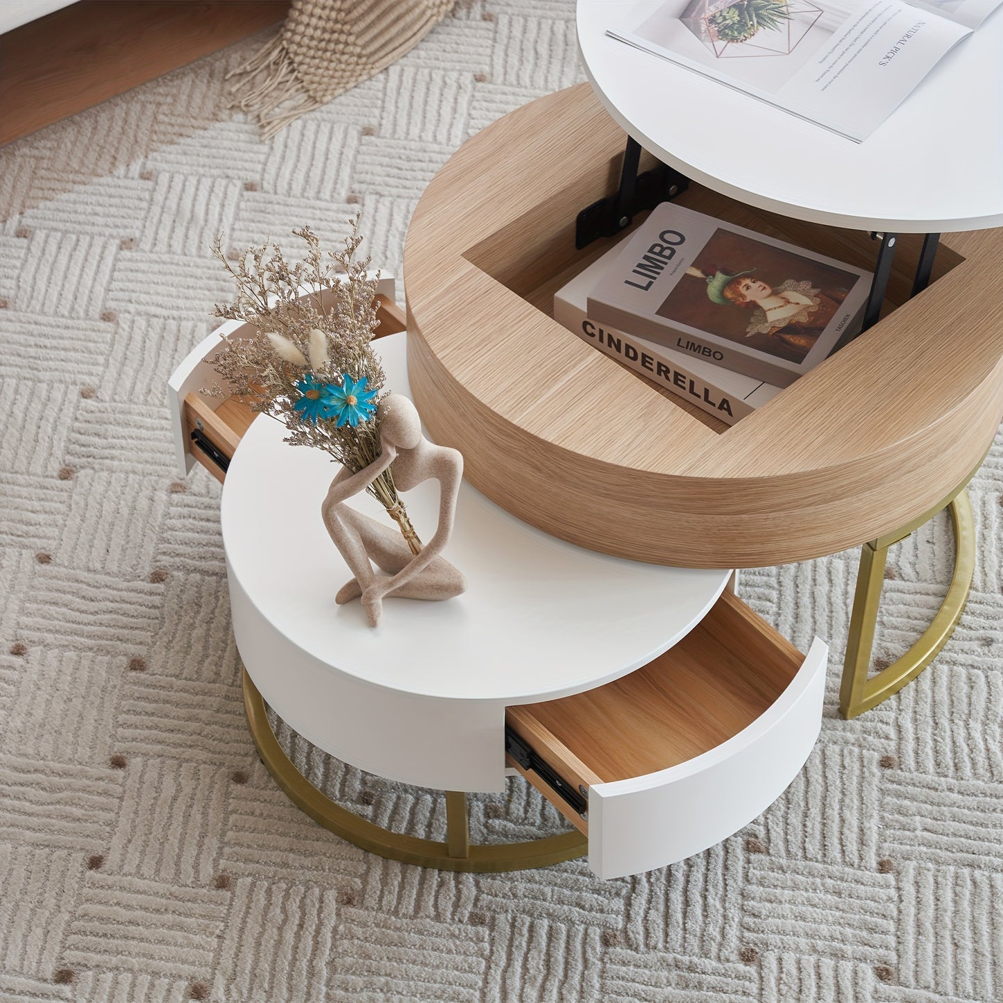 Bijzettafels – Salontafel – Side Table – Nesting Tafels – Opbergtafel – Houten Set – Inklapbaar Ontwerp – Opberglades – Wit Met Gouden Accenten
