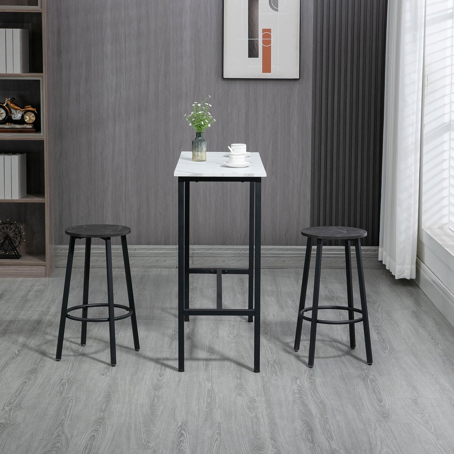 Barset – Barkrukset – Bar tafel met krukken – Eettafel – Keukentafel – Wit Zwart Marmer-Look – Comfortabele Voetsteunen – Stevig Staalframe