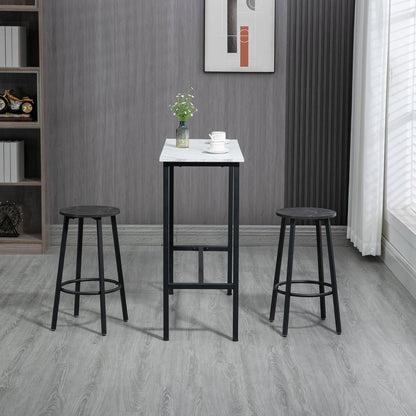 Barset – Barkrukset – Bar tafel met krukken – Eettafel – Keukentafel – Wit Zwart Marmer-Look – Comfortabele Voetsteunen – Stevig Staalframe