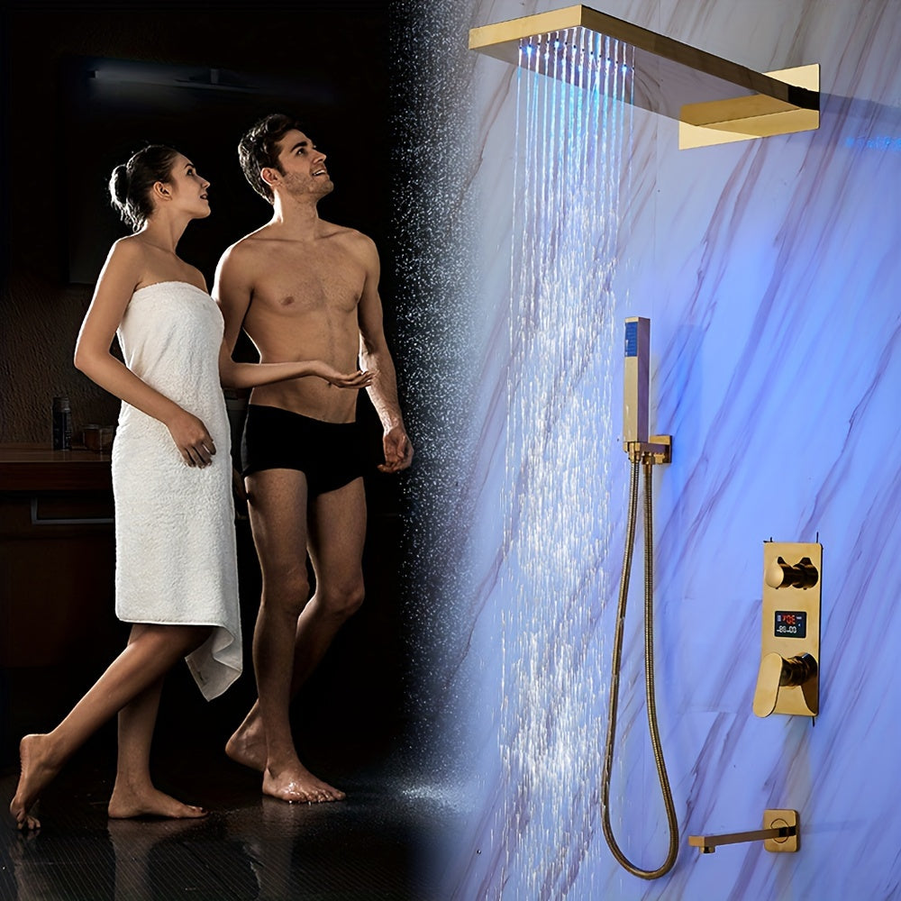 Doucheset – Douche Systeem – Douchekraan – Regendouche – Douchekolom – Thermostatisch Mengventiel – Messing Goudkleurig – LED Temperatuurindicatie