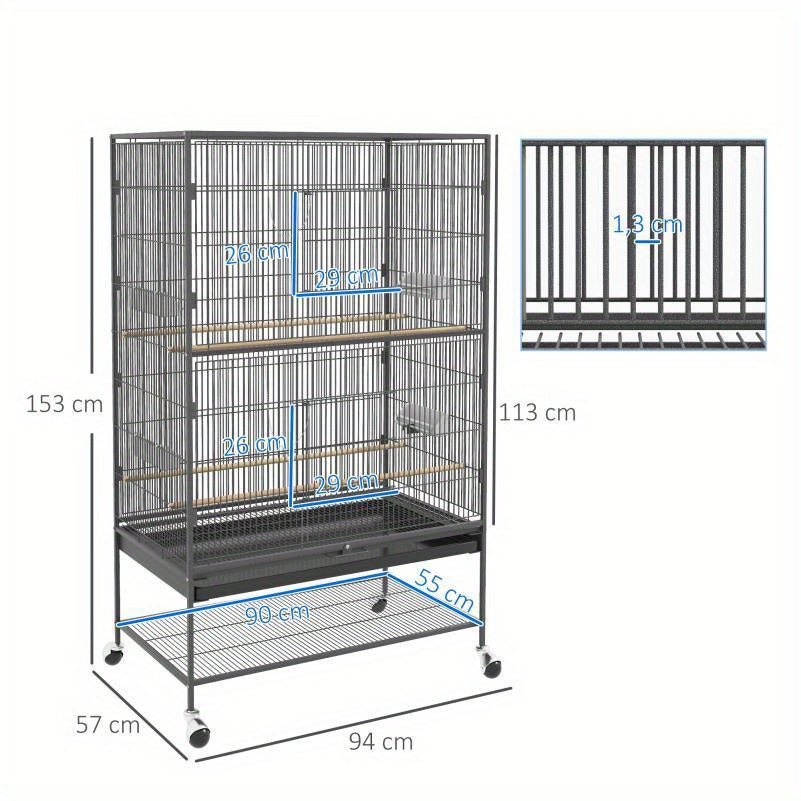Kleindierkooi – Vogelkooi – Knaagdierkooi – Hamsterkooi – Dierenkooi – Ruim Design 94x57x153 cm – Met Deur en Wielen