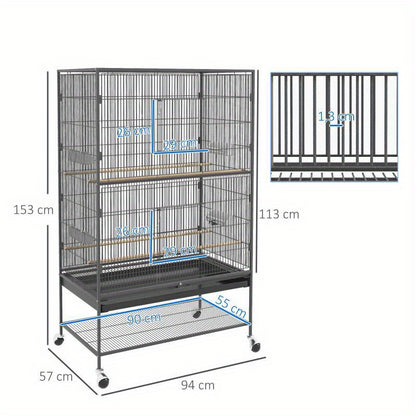 Kleindierkooi – Vogelkooi – Knaagdierkooi – Hamsterkooi – Dierenkooi – Ruim Design 94x57x153 cm – Met Deur en Wielen
