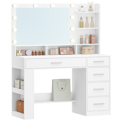 Make-up Tafel – Make-up Spiegel – Kaptafel – Make-up Bureau – Visagie Tafel – Wit – Grote HD Spiegel Met LED-Verlichting – 6 Open Vakken & 5 Laden