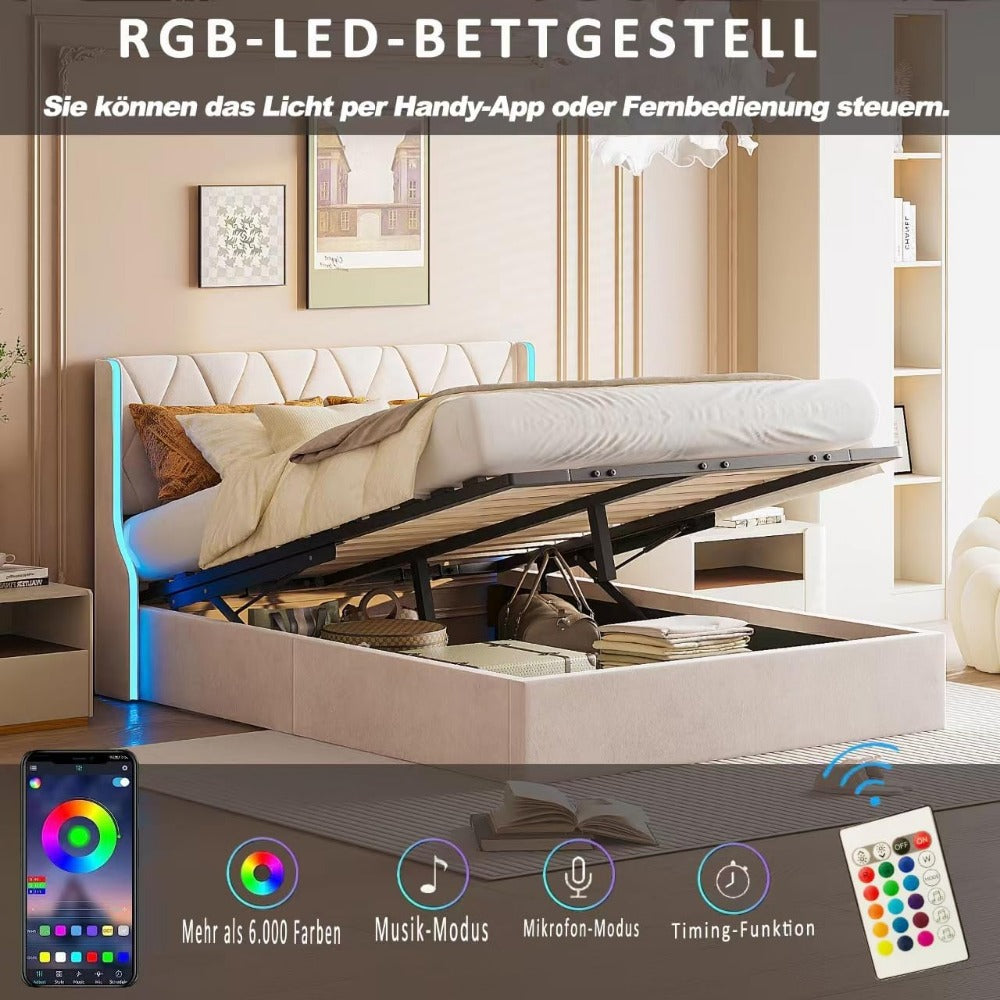Opbergbed – Gestoffeerd Bed – Tweepersoonsbed – Opbergruimte Bed – Hydraulisch Bed – 140x200 cm – Velvet Bekleding – LED Verlichting