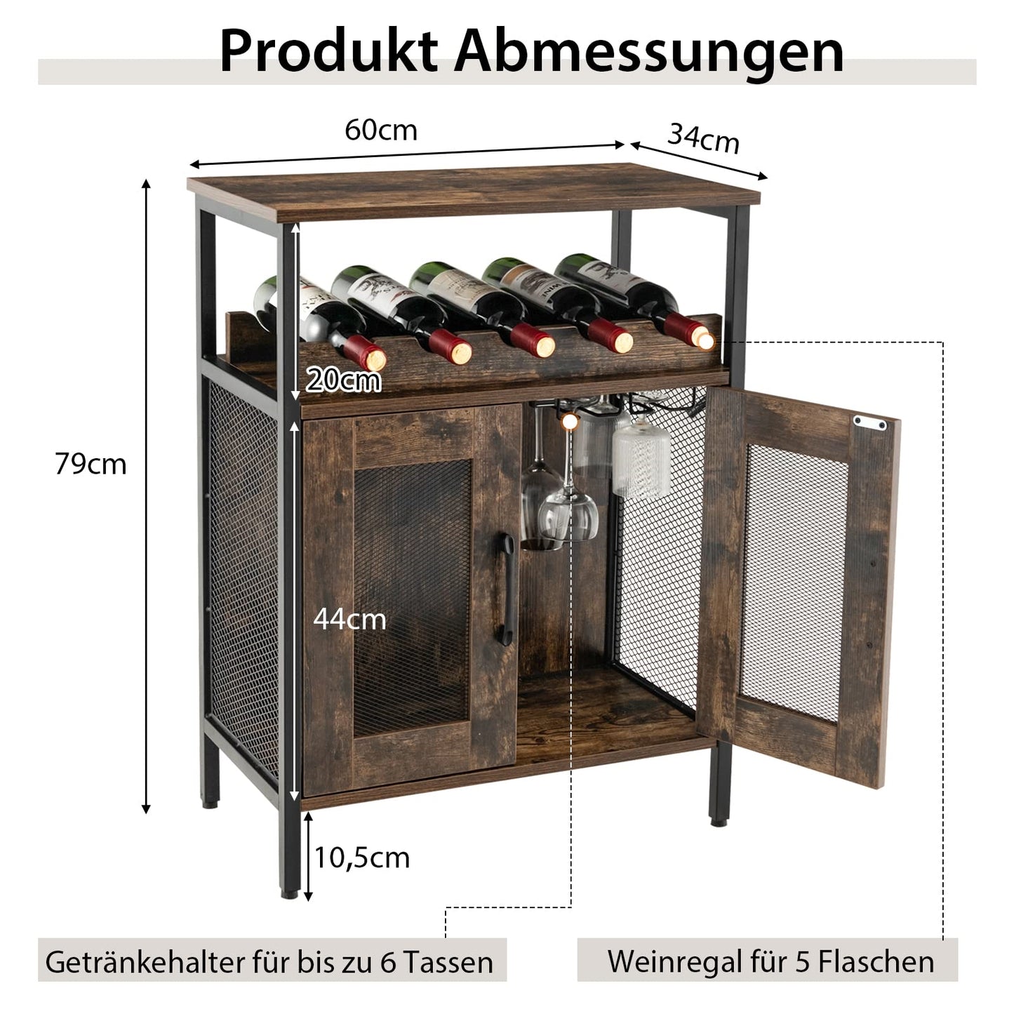 Wijnkastje – Wijnrek – Wijnmeubel – Wijnopslag – Wijnkast – Afneembaar Wijnrek – Glashouder – Industrieel Hout Metaal – Compact 60x34x79 cm