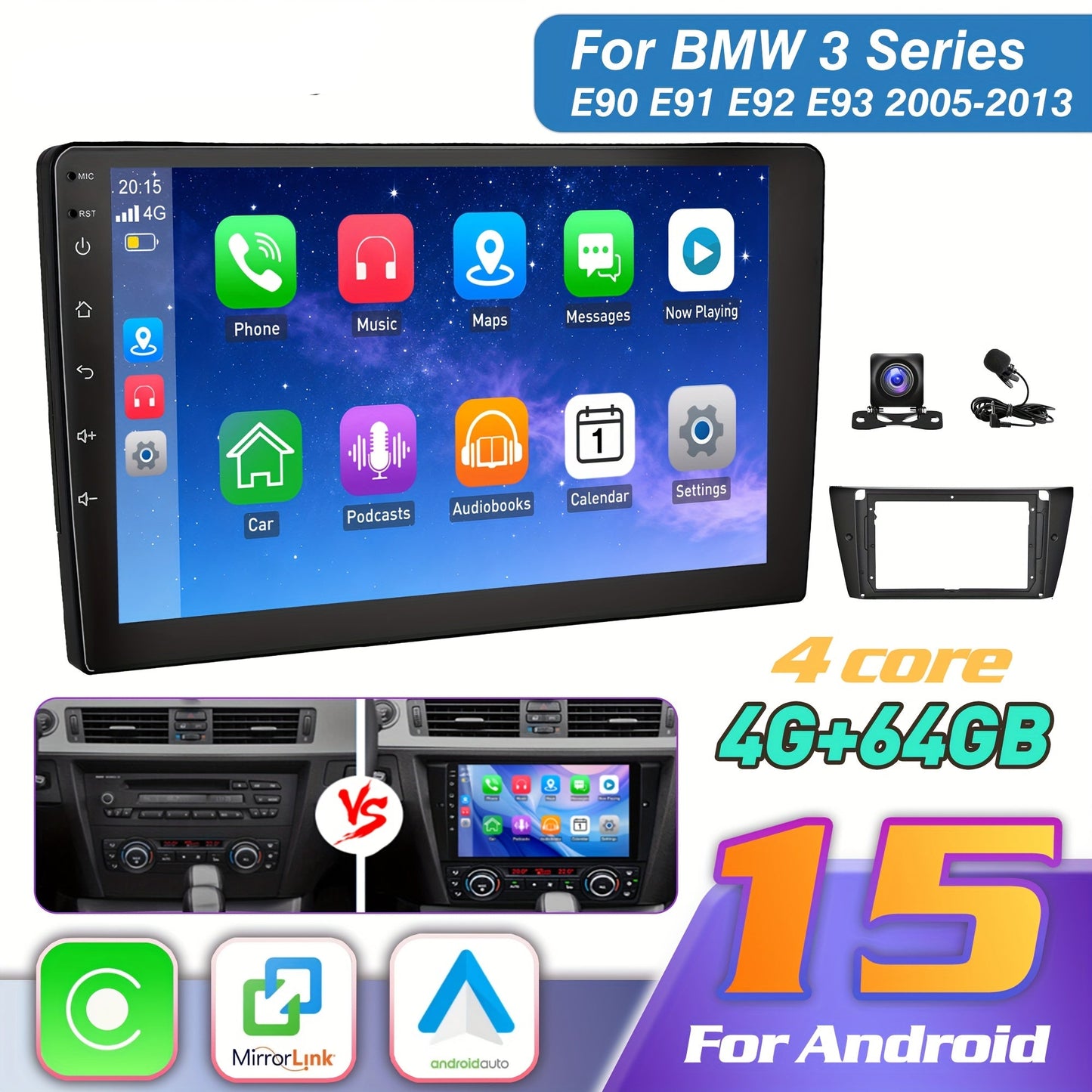 Autoradio – Auto Stereo – Multimedia Systeem – 2-DIN Radio – Autospeler – 9 Inch IPS Scherm – Android 15.0 – Inclusief AHD Camera & Microfoon