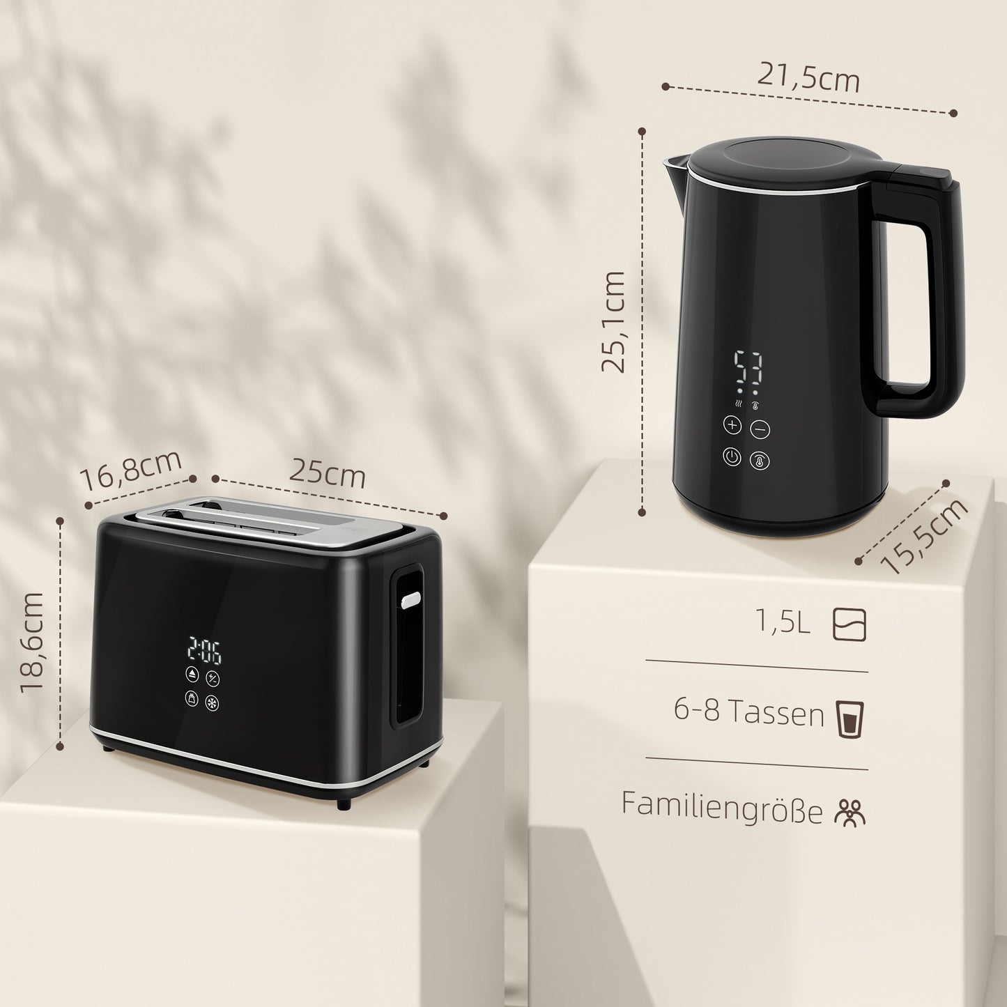 Keukenset Waterkoker Broodrooster Ontbijtset Kookset – Zwart – 2200W Waterkoker – 7 Bruiningsniveaus – RVS & BPA-vrij