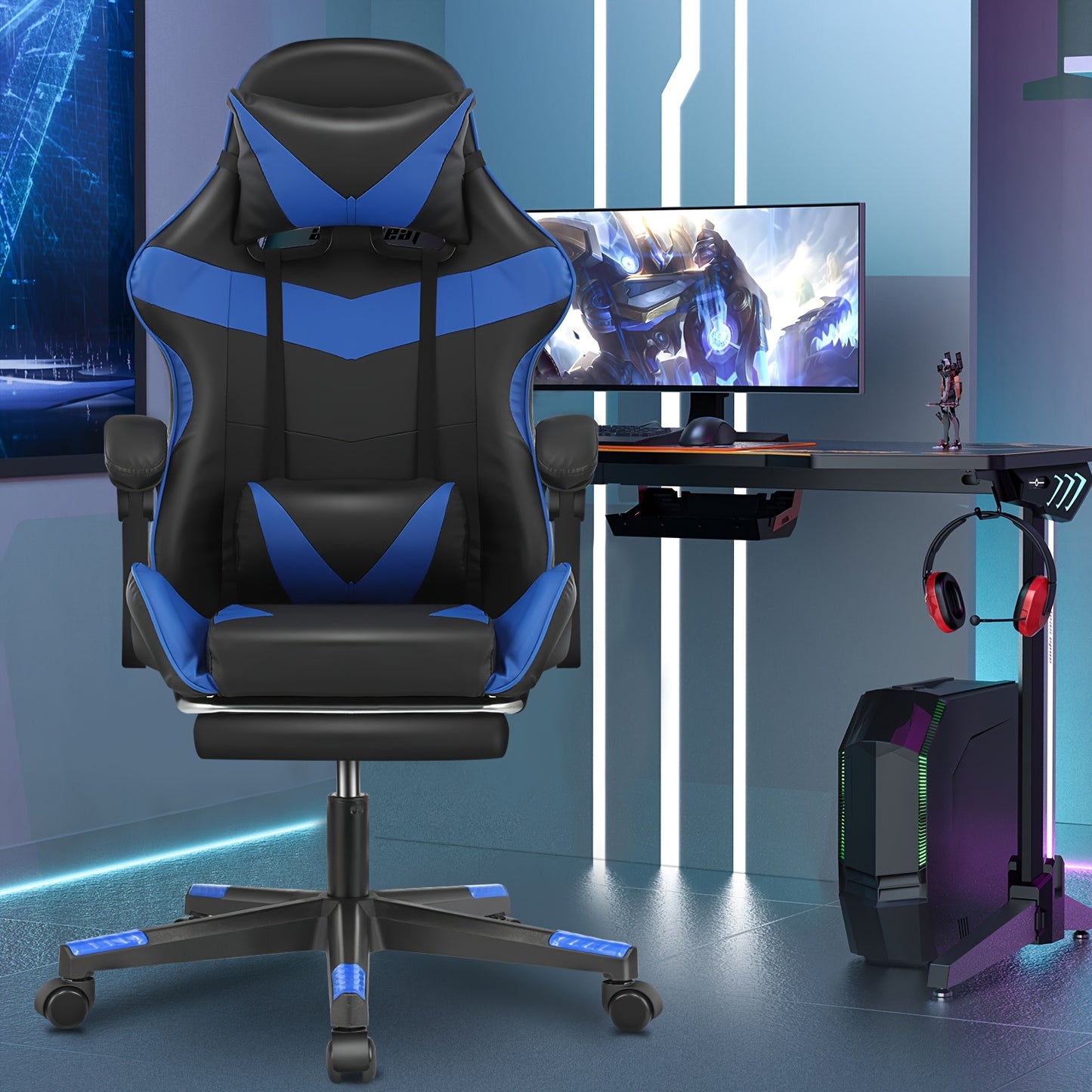 Gamingstoel – Gamestoel – Gaming Chair – Bureaustoel – Game Stoel – Ergonomisch – Verstelbare Hoogte & Voetsteun – 360° Draaibaar Met Rug- en Nekondersteuning – Zwart/ Rood