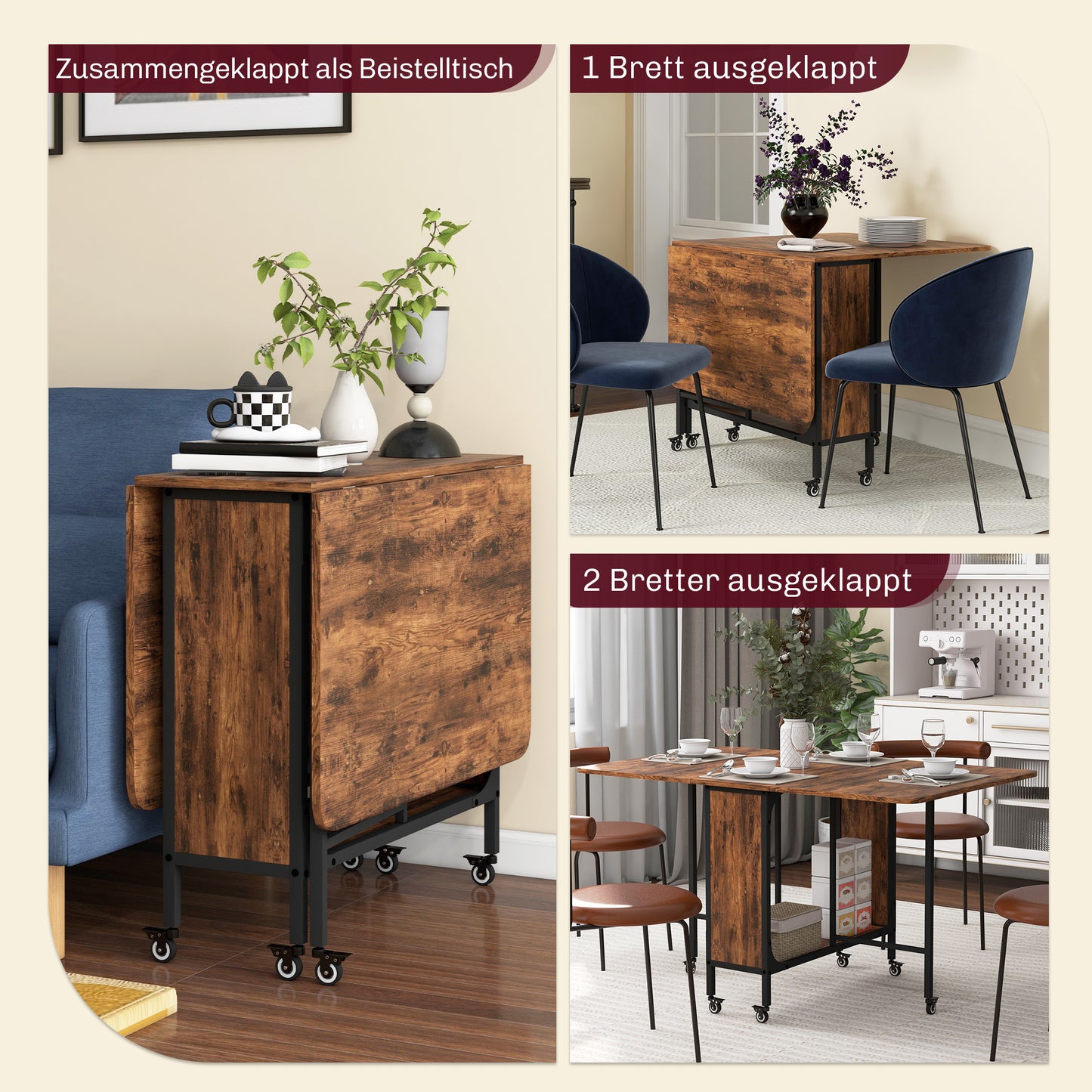Opvouwbare Eettafel – Vouwtafel – Inklapbare Tafel – Mobiele Tafel – Uitklapbare Tafel – Rustic Brown – Ruimte Voor 6 Personen – Met Opbergrek