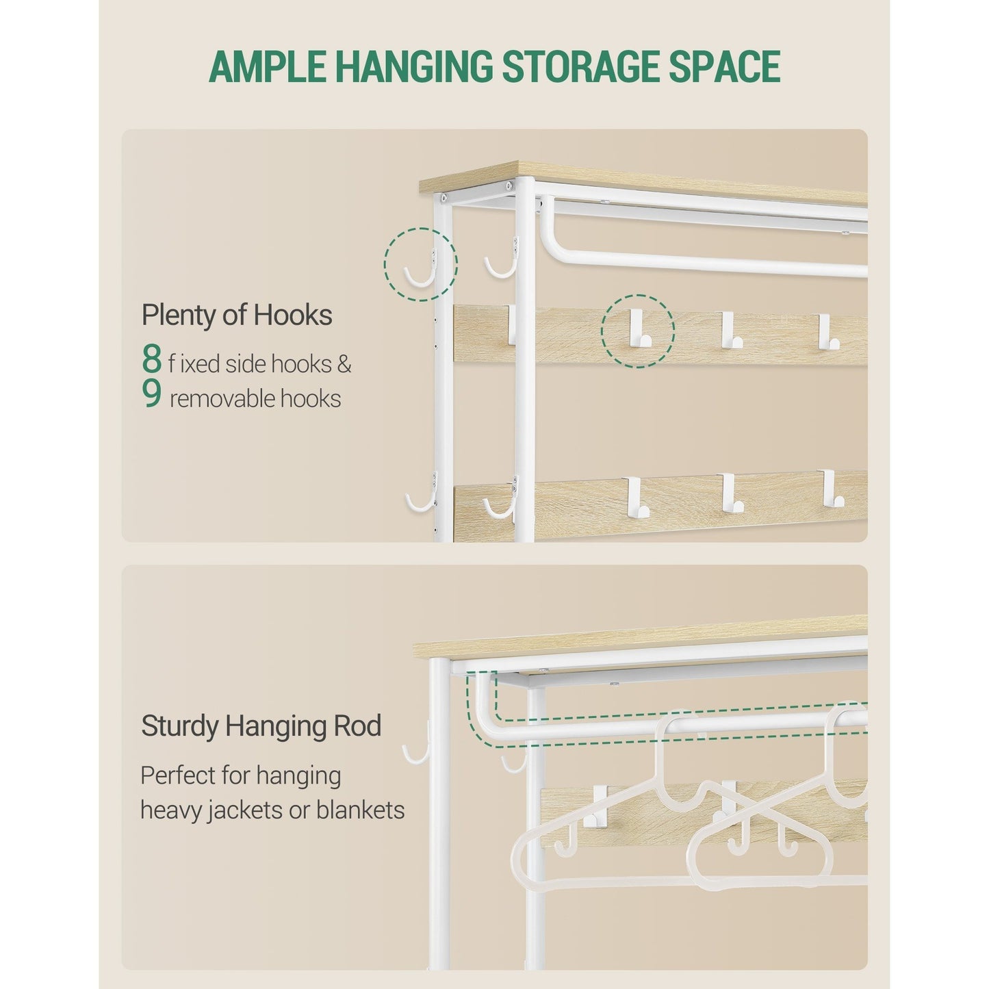 Kapstok – Kledingrek – Schoenenrek – Garderobe – Halmeubel – 5-in-1 Multifunctioneel – 17 Haken & 3-Vaks Schoenenbank – Golden Oak Wit