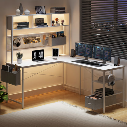 L-vormig Bureau – Hoekbureau – Werkplek Bureau – Gaming Bureau – Study Desk – Modern Metaal – Opbergruimte Met Hangbord – Compact Ruimtebesparend – Wit